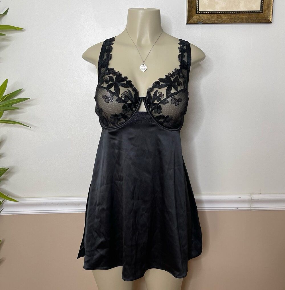 Victoria’s Secret Floral Embroidered Black Lingerie Babydoll Slip Dress